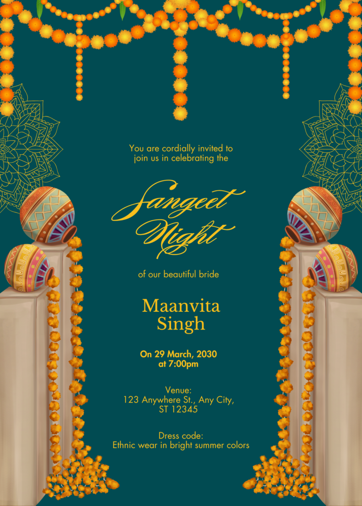 Orange & Green Traditional Elegant Illustrated Sangeet Night Invitation